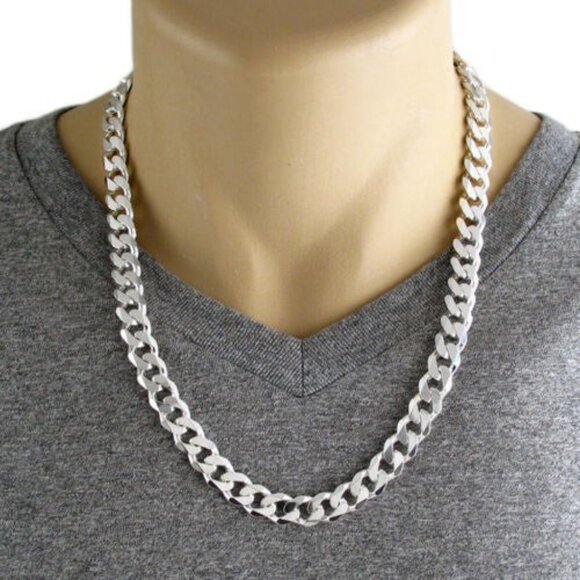 STERLING SILVER CUBAN CURB CHAIN NECKLACE 11MM (GAUGE 300) AVAILABLE IN 6 LENGTH - Picture 2 of 2